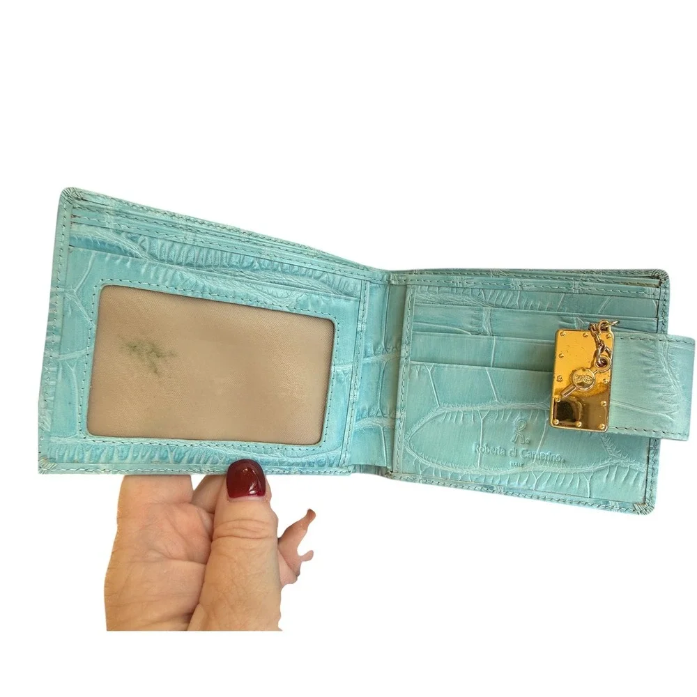Roberta Di Camerino VTG Aqua Croc Emboss Leather Wallet Gold Trompe-L'oiel Italy